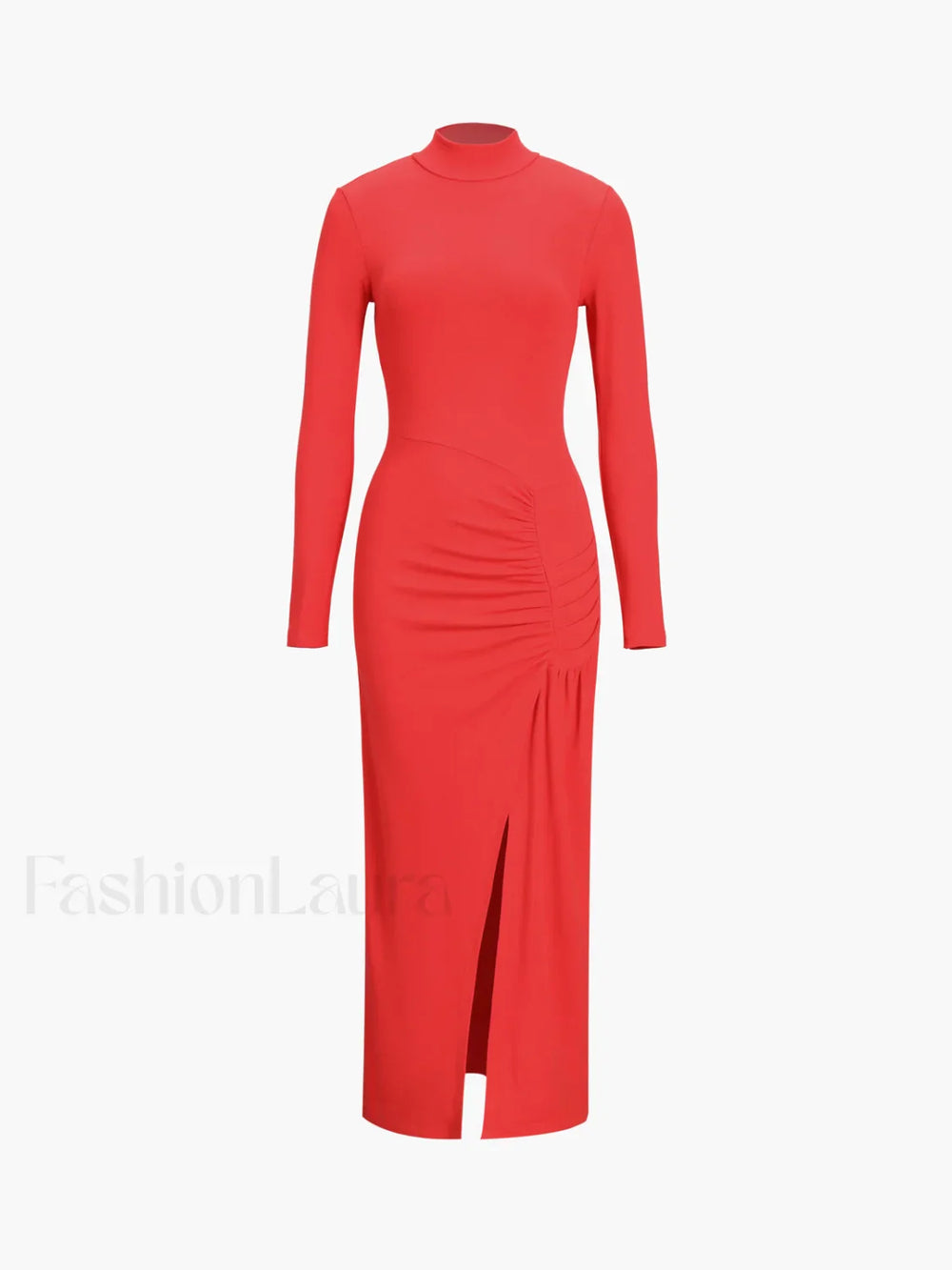 Slit Pleated Long Sleeve Modern Bodycon Mock Neck Long Dress Red / XS Dresses