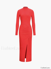 Slit Pleated Long Sleeve Modern Bodycon Mock Neck Long Dress Red / XS Dresses
