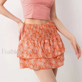 Smocked Flower Print A Line Skirt Orange / S