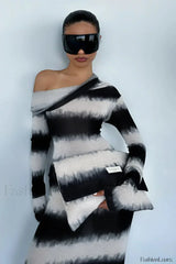 Smudged Black and White Stripes Asymmetrical Slanted Shoulder Maxi Dress