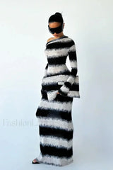Smudged Black and White Stripes Asymmetrical Slanted Shoulder Maxi Dress