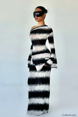 Smudged Black and White Stripes Asymmetrical Slanted Shoulder Maxi Dress Stripes / S