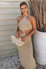 Solid Backless Halter Bodycon Work Dress