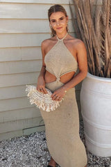 Solid Backless Halter Bodycon Work Dress