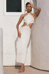 Solid Backless Halter Bodycon Work Dress