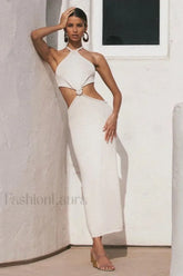 Solid Backless Halter Bodycon Work Dress 白色 / S