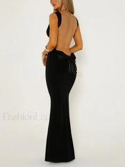 Solid Backless With Trendy Bow Long Dress Dresses