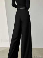 Solid Belted Pleated Trendy Wide Leg Pants Pants