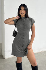 Solid Buttoned High Collar Bodycon A Line Work Dress