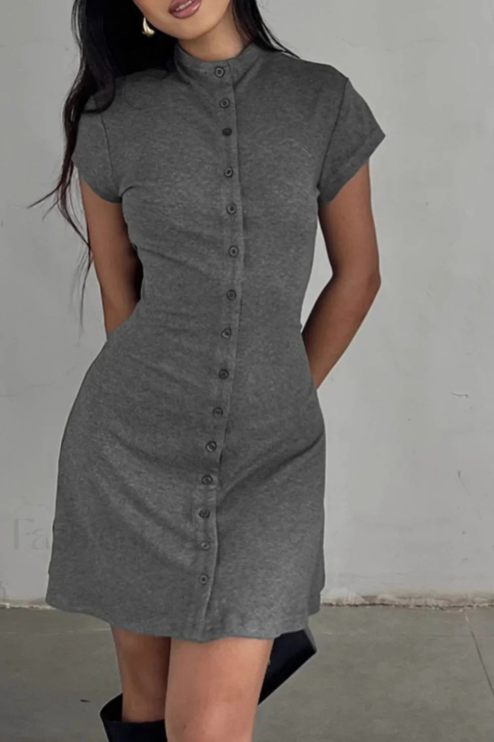 Solid Buttoned High Collar Bodycon A Line Work Dress Grey / S
