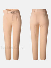 Solid Color Belted Pencil Pants Pants