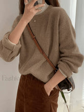 Solid Color Crew Neck Pullover Sweater Khaki / ONE SIZE Sweaters