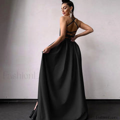 Solid Color High Split Lace Up Back Sleeveless Prom Maxi Dress Black L / Black Formal Dresses