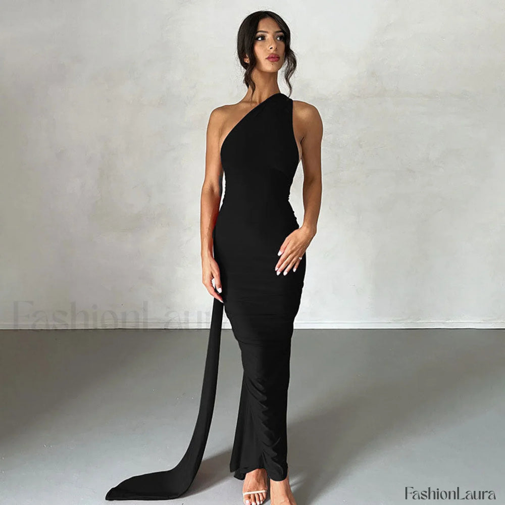 Solid Color One Shoulder Ruched Evening Maxi Dress Black M / Black Party Dresses L