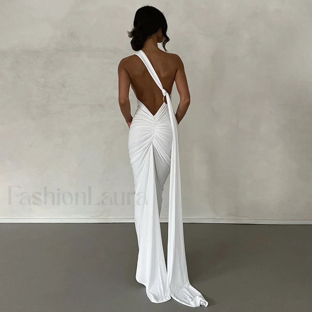 Solid Color One Shoulder Ruched Evening Maxi Dress Hot Pink L / Hot Pink Party Dresses L