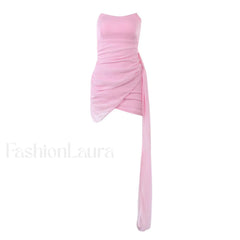 Solid Color Ruched Wrap Trim Strapless Bodycon Party Mini Dress Pink L / Pink Party Dresses L