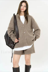 Solid Color V neck Long Sleeve Cardigan