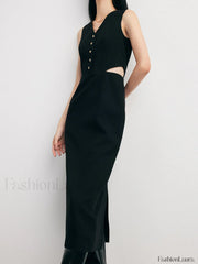 Solid Cut Out Trendy Buttoned Midi Vest Dress Black / S Dresses