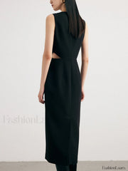 Solid Cut Out Trendy Buttoned Midi Vest Dress Dresses