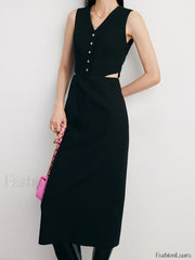 Solid Cut Out Trendy Buttoned Midi Vest Dress Dresses