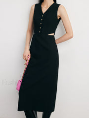 Solid Cut Out Trendy Buttoned Midi Vest Dress Dresses