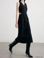 Solid Cut Out Trendy Buttoned Midi Vest Dress Dresses