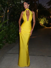 Solid Deep V Halter Maxi Dress Yellow / S
