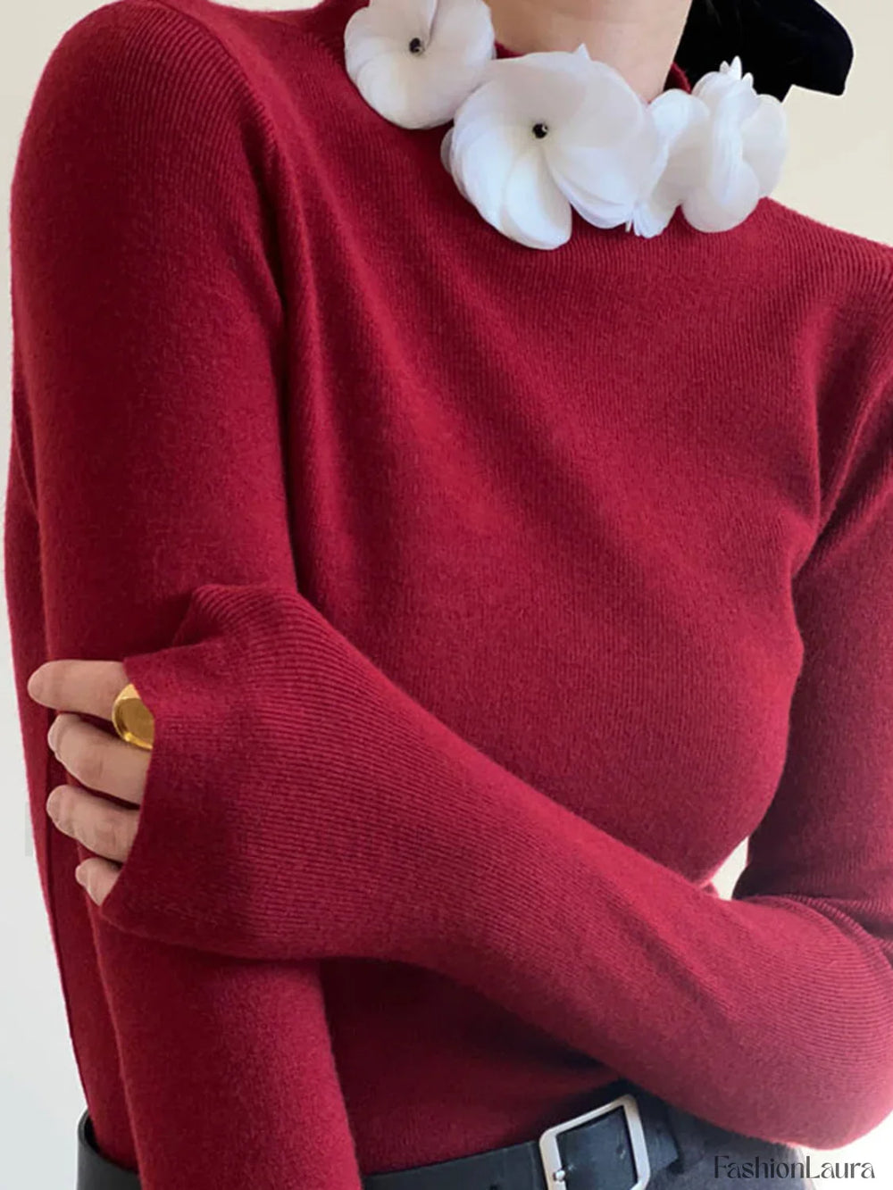 Solid Long Sleeve Trendy Floral Knit Top Sweaters L