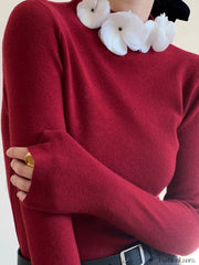 Solid Long Sleeve Trendy Floral Knit Top Sweaters L