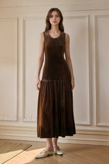 Solid Pleated Sleeveless Slim Fit Maxi Dress