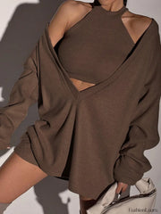 Solid Ribbed Knit Sweatshirt with Vest Brown / XS Sweatshirts