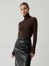 Solid Turtleneck Long Trendy Sleeve Knit Top Light Brown / S Sweaters L