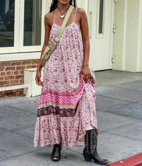 Spaghetti Strap Floral Boho Dress Pink / S