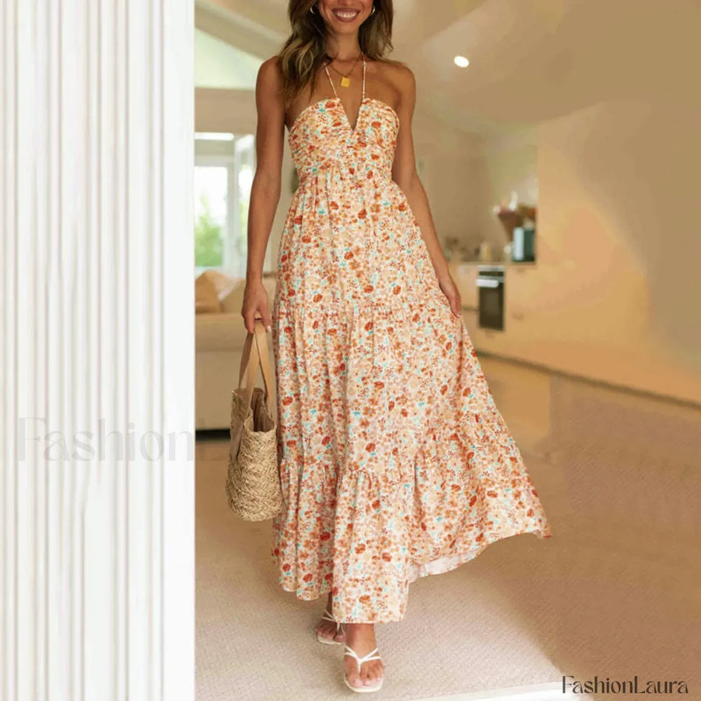 Spaghetti Strap V neck Floral Dress