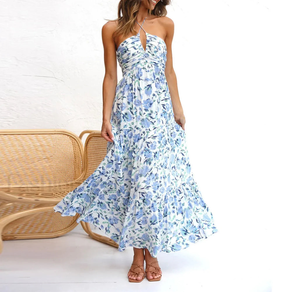 Spaghetti Strap V neck Floral Dress blue2 / S / CHINA