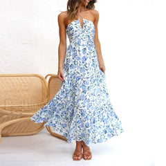 Spaghetti Strap V neck Floral Dress blue2 / S / CHINA