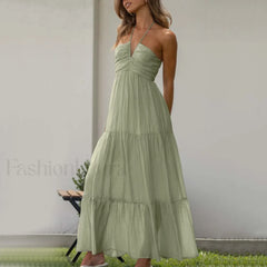 Spaghetti Strap V neck Floral Dress Green / S / CHINA