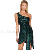 Sparkly One Shoulder Bodycon Sequin Club Mini Dress Green S / Green Party Dresses L