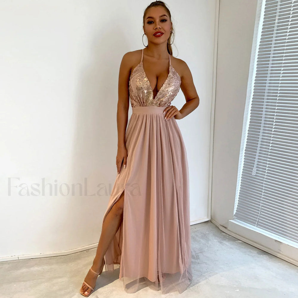Sparkly Sequin Panel Mesh Deep V Evening Maxi Dress Champagne M / Champagne Formal Dresses