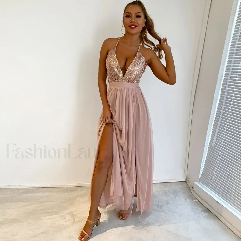 Sparkly Sequin Panel Mesh Deep V Evening Maxi Dress Champagne S / Champagne Formal Dresses