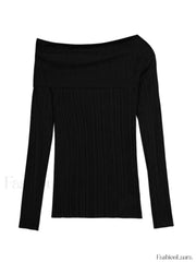 Split Off Shoulder Ribbed Knit Top Sweaters