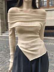 Split Off Shoulder Ribbed Knit Top Beige / ONE SIZE Sweaters