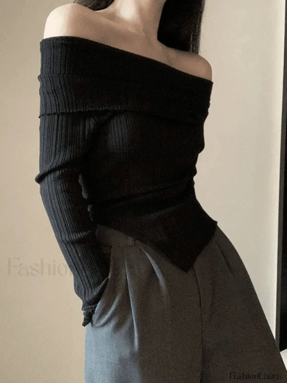 Split Off Shoulder Ribbed Knit Top Sweaters