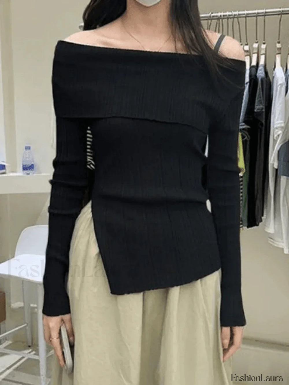 Split Off Shoulder Ribbed Knit Top Sweaters