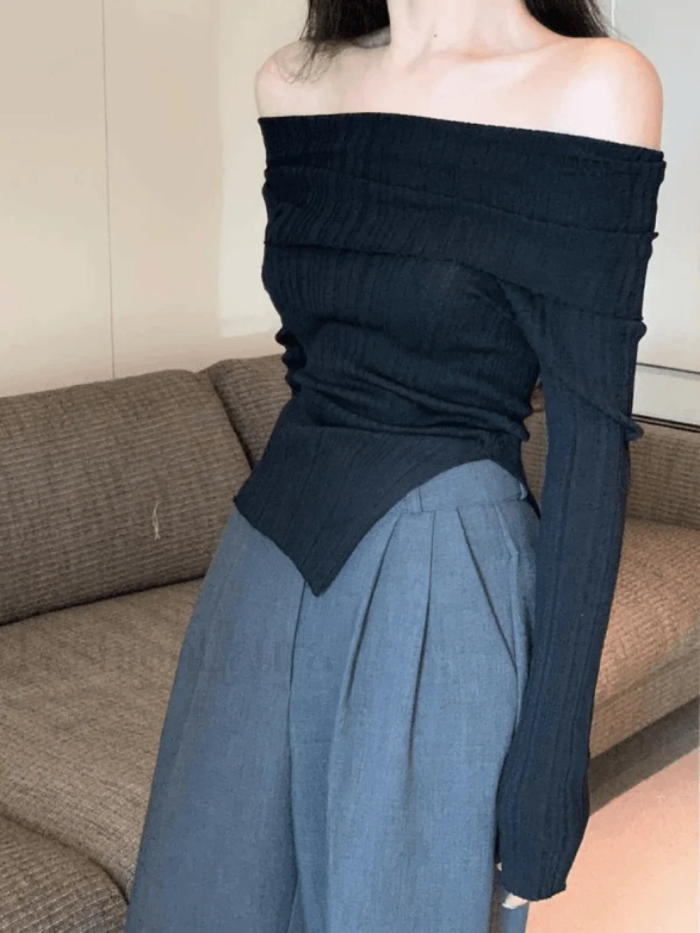 Split Off Shoulder Ribbed Knit Top Sweaters