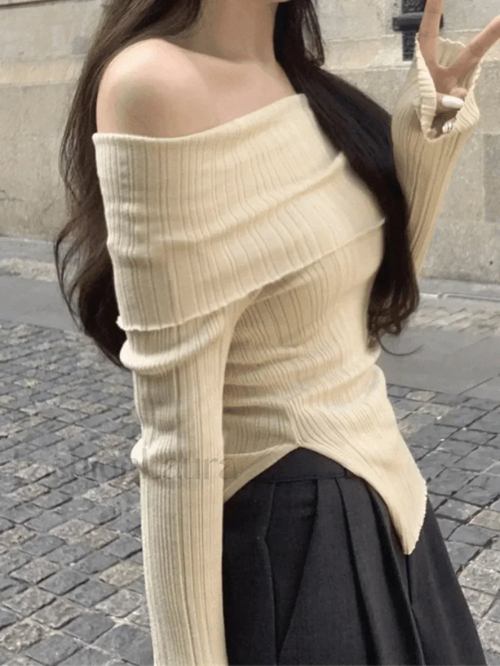 Split Off Shoulder Ribbed Knit Top Sweaters