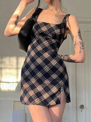 Split Sleeveless Checkered Mini Dress Blue / S Mini Dresses