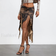 Split Tie Up Midi Ruffle Skirt