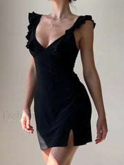Split V Neck Mini Dress Black / S Mini Dresses