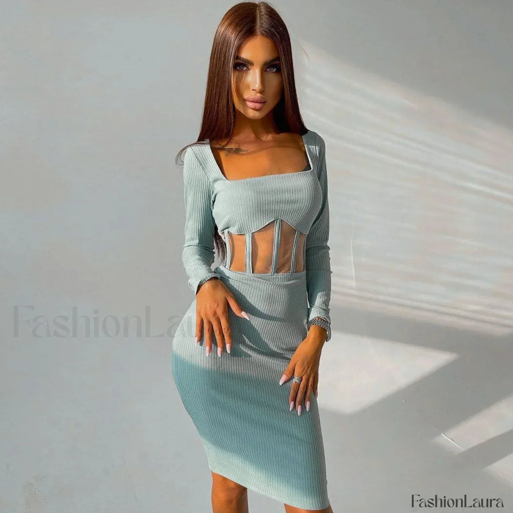 Square Neck Long Sleeve Mesh Panel Rib Knit Midi Dress Teal M / Teal Party Dresses